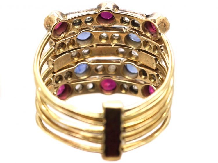 Edwardian 18ct Gold Harem Ring set with Rubies, Sapphires, Pearls & Rose Diamonds
