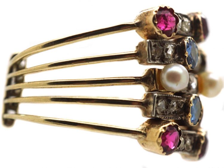 Edwardian 18ct Gold Harem Ring set with Rubies, Sapphires, Pearls & Rose Diamonds
