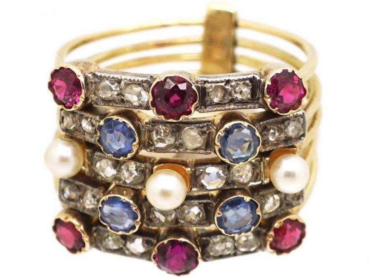 Edwardian 18ct Gold Harem Ring set with Rubies, Sapphires, Pearls & Rose Diamonds