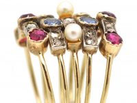 Edwardian 18ct Gold Harem Ring set with Rubies, Sapphires, Pearls & Rose Diamonds