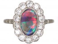 Edwardian 18ct White Gold & Platinum, Black Opal & Diamond Cluster Ring