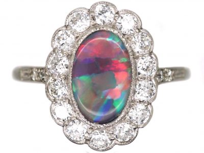 Edwardian 18ct White Gold & Platinum, Black Opal & Diamond Cluster Ring