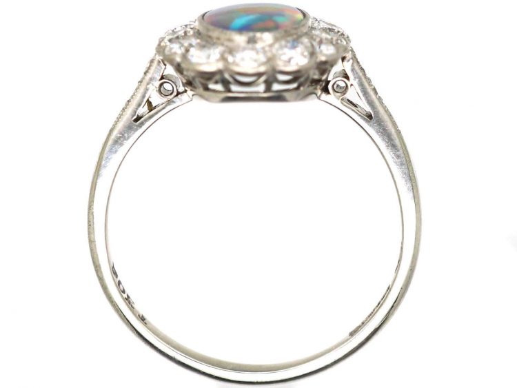 Edwardian 18ct White Gold & Platinum, Black Opal & Diamond Cluster Ring