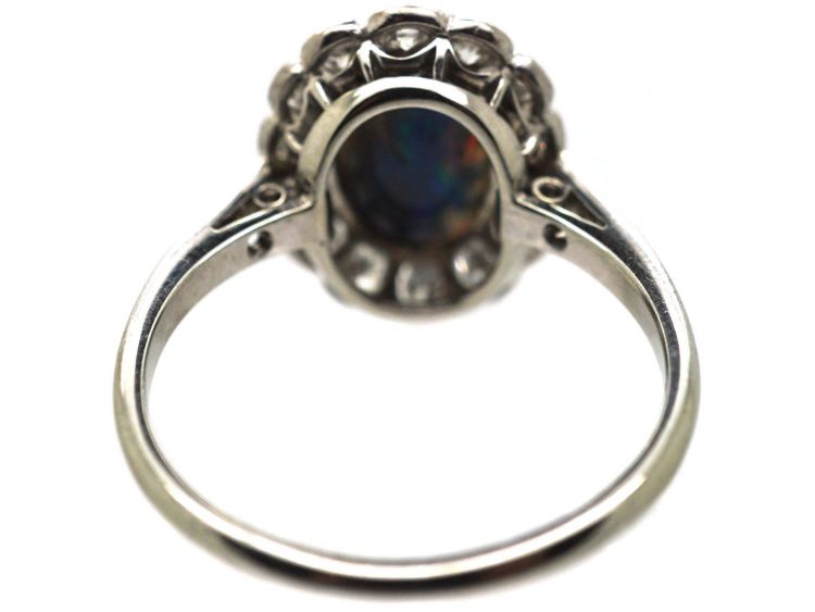 Edwardian 18ct White Gold & Platinum, Black Opal & Diamond Cluster Ring