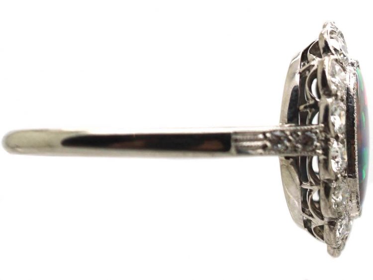 Edwardian 18ct White Gold & Platinum, Black Opal & Diamond Cluster Ring