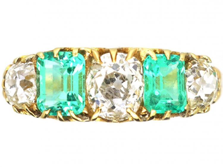 Victorian 18ct Gold, Emerald and Diamond Five Stone Ring