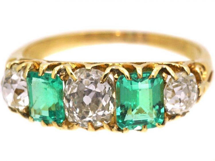Victorian 18ct Gold, Emerald and Diamond Five Stone Ring
