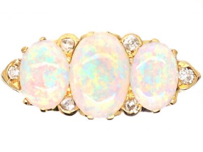 Edwardian 18ct Gold, Opal & Diamond Carved Half Hoop Three Stone Ring