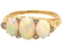 Edwardian 18ct Gold, Opal & Diamond Carved Half Hoop Three Stone Ring