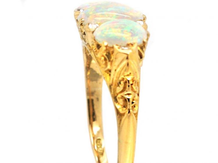 Edwardian 18ct Gold, Opal & Diamond Carved Half Hoop Three Stone Ring
