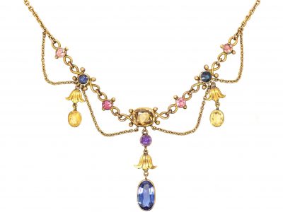 Edwardian 18ct Gold Festoon Necklace set with Various Coloured Gemstones