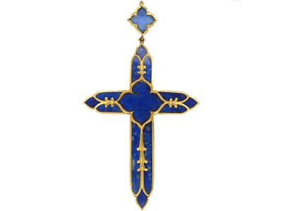 Victorian 18ct Gold Double Sided Cross with Gothic Motif set with Lapis Lazuli