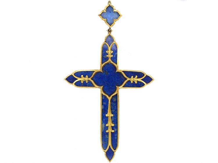 Victorian 18ct Gold Double Sided Cross with Gothic Motif set with Lapis Lazuli