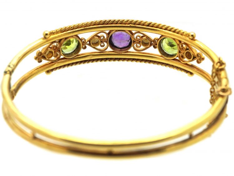 Edwardian 9ct Gold Suffragette Bangle set with Peridots, Pearls and Amethysts