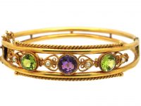 Edwardian 9ct Gold Suffragette Bangle set with Peridots, Pearls and Amethysts