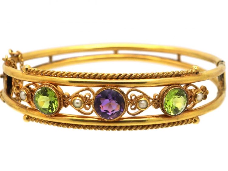 Edwardian 9ct Gold Suffragette Bangle set with Peridots, Pearls and Amethysts