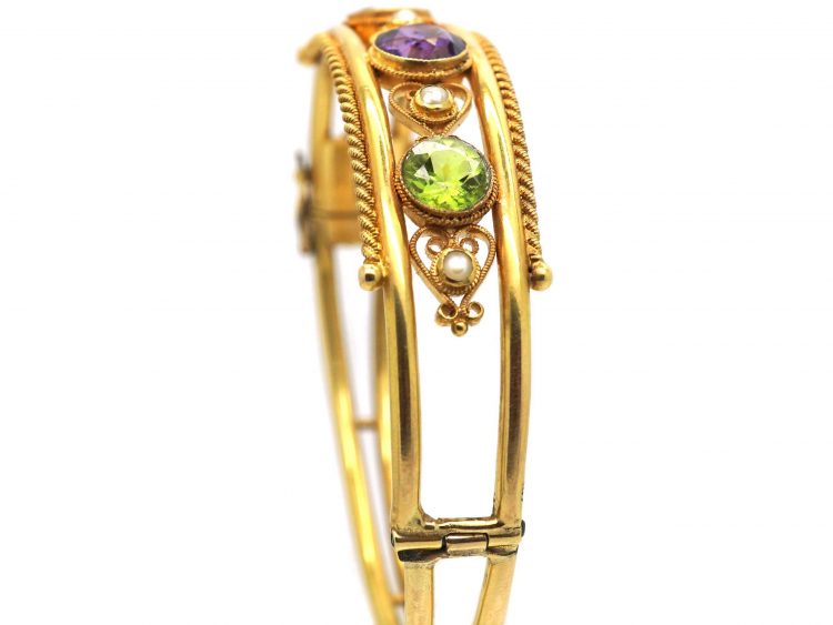 Edwardian 9ct Gold Suffragette Bangle set with Peridots, Pearls and Amethysts