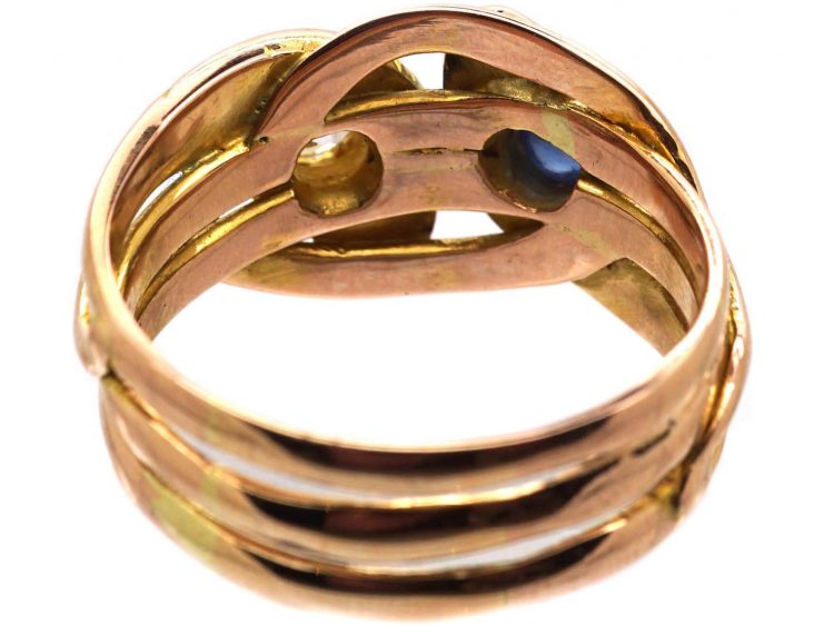 Late 19th Century Double Snake Ring set with a Diamond and a Cabochon Sapphire