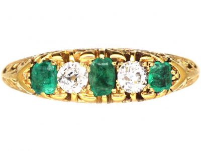 Victorian 18ct Gold, Emerald and Diamond Carved Half Hoop Five Stone Ring
