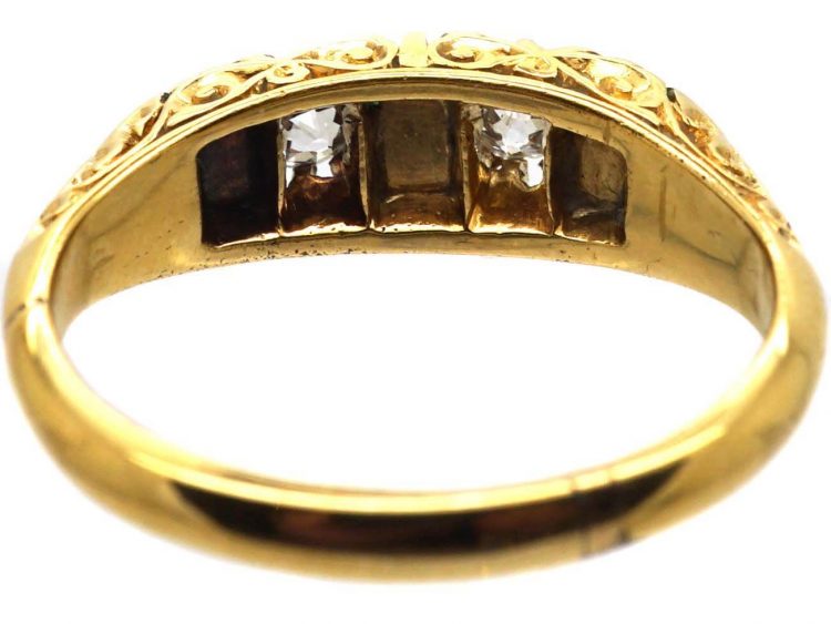 Victorian 18ct Gold, Emerald and Diamond Carved Half Hoop Five Stone Ring