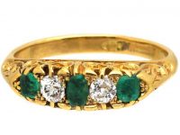 Victorian 18ct Gold, Emerald and Diamond Carved Half Hoop Five Stone Ring