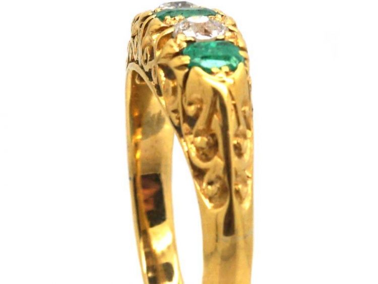 Victorian 18ct Gold, Emerald and Diamond Carved Half Hoop Five Stone Ring