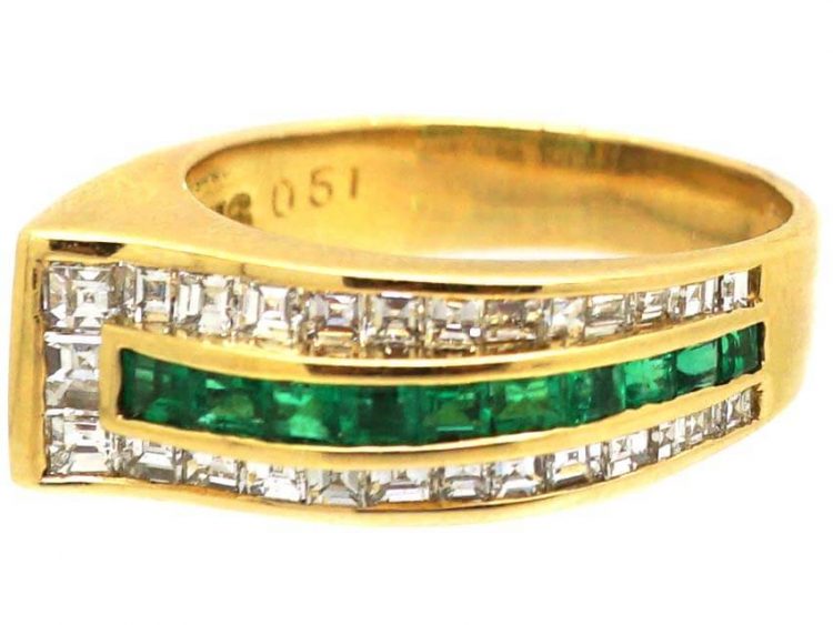 French 18ct Gold Emerald and Diamond Buckle Ring