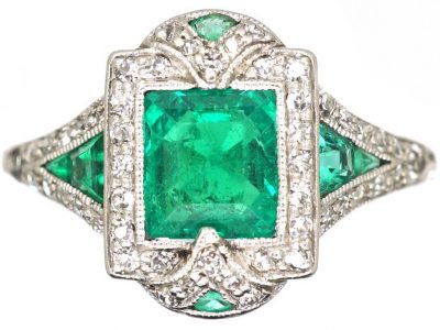 Art Deco Platinum, Emerald & Diamond Ring
