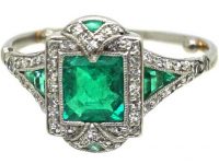 Art Deco Platinum, Emerald & Diamond Ring