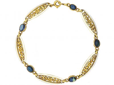 French Belle Epoque 18ct Gold, Cabochon Sapphire and White Enamel Bracelet