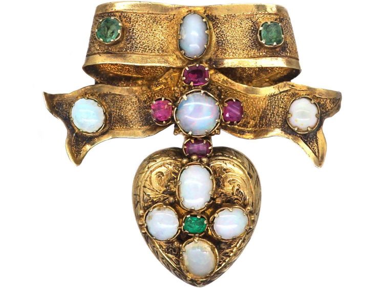 Early Victorian 15ct Gold, Emerald, Opal & Ruby Bow Brooch with Heart Drop