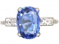 Art Deco Platinum and Sapphire Solitaire Ring with French Cut Diamond Shoulders