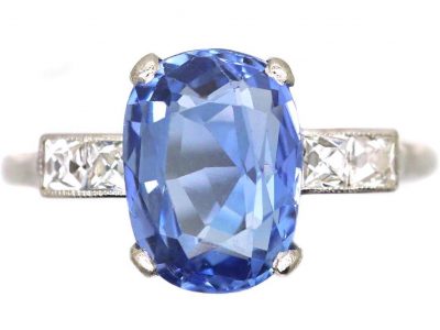 Art Deco Platinum and Sapphire Solitaire Ring with French Cut Diamond Shoulders