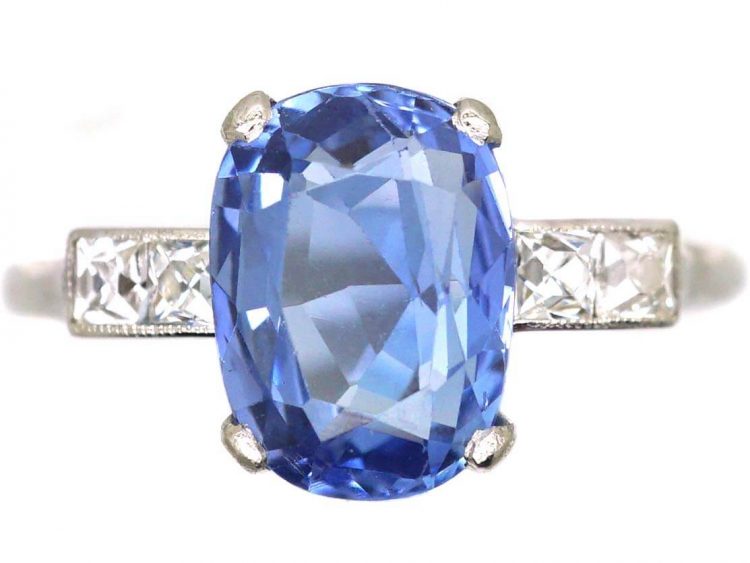 Art Deco Platinum and Sapphire Solitaire Ring with French Cut Diamond Shoulders