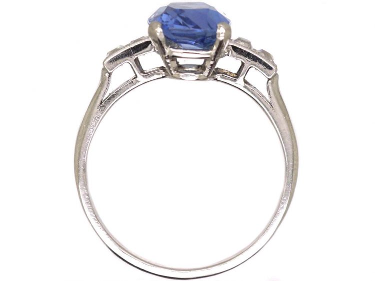 Art Deco Platinum and Sapphire Solitaire Ring with French Cut Diamond Shoulders