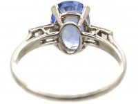 Art Deco Platinum and Sapphire Solitaire Ring with French Cut Diamond Shoulders
