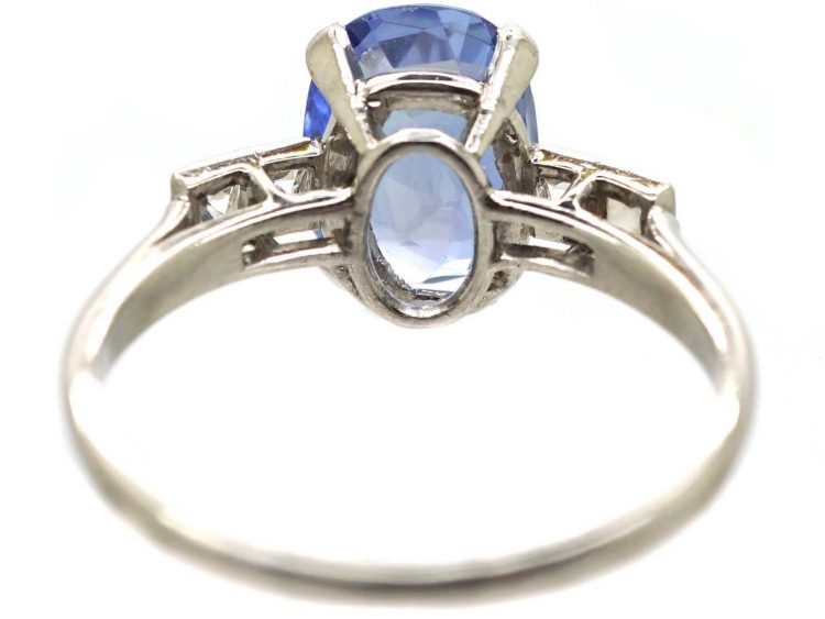 Art Deco Platinum and Sapphire Solitaire Ring with French Cut Diamond Shoulders