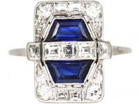 Art Deco 18ct White Gold & Platinum, Sapphire & Diamond Rectangular Ring