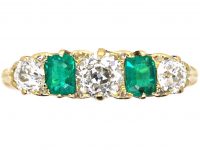 Victorian 18ct Gold, Emerald & Diamond Carved Half Hoop Five Stone Ring