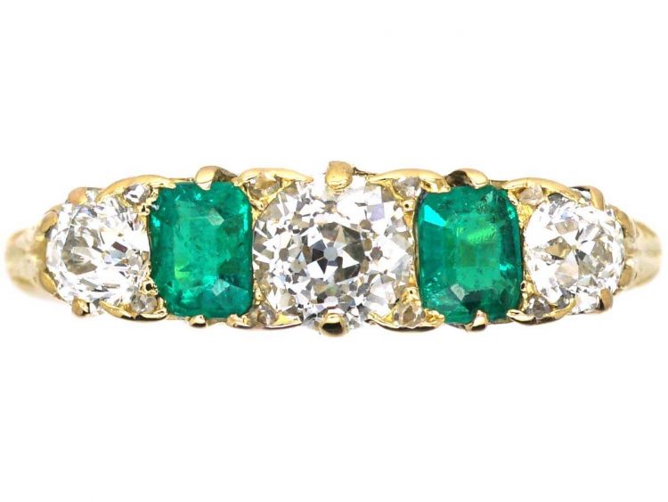 Victorian 18ct Gold, Emerald & Diamond Carved Half Hoop Five Stone Ring