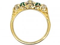 Victorian 18ct Gold, Emerald & Diamond Carved Half Hoop Five Stone Ring