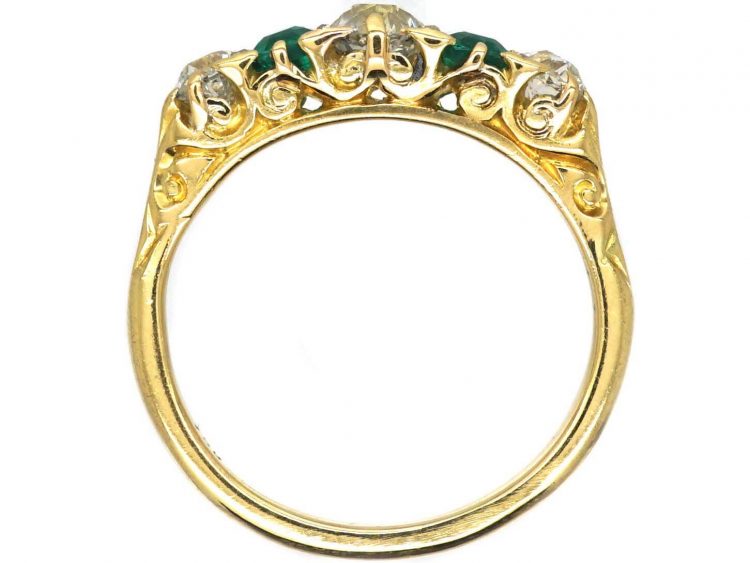 Victorian 18ct Gold, Emerald & Diamond Carved Half Hoop Five Stone Ring