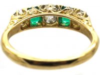 Victorian 18ct Gold, Emerald & Diamond Carved Half Hoop Five Stone Ring
