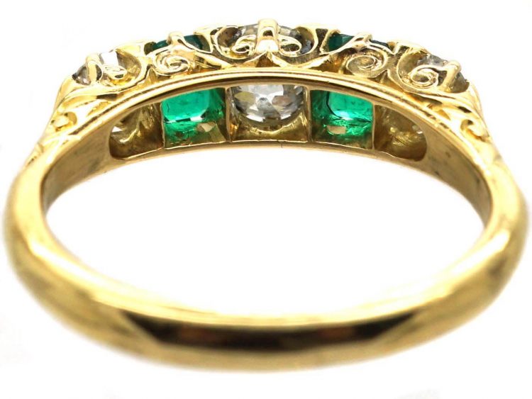 Victorian 18ct Gold, Emerald & Diamond Carved Half Hoop Five Stone Ring