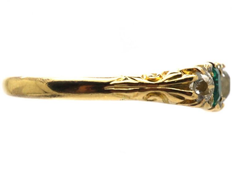 Victorian 18ct Gold, Emerald & Diamond Carved Half Hoop Five Stone Ring