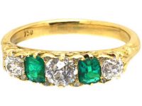 Victorian 18ct Gold, Emerald & Diamond Carved Half Hoop Five Stone Ring