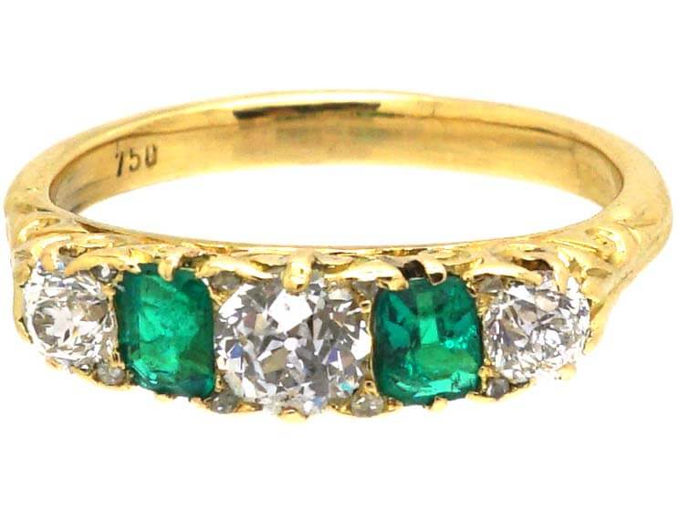 Victorian 18ct Gold, Emerald & Diamond Carved Half Hoop Five Stone Ring
