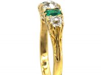 Victorian 18ct Gold, Emerald & Diamond Carved Half Hoop Five Stone Ring