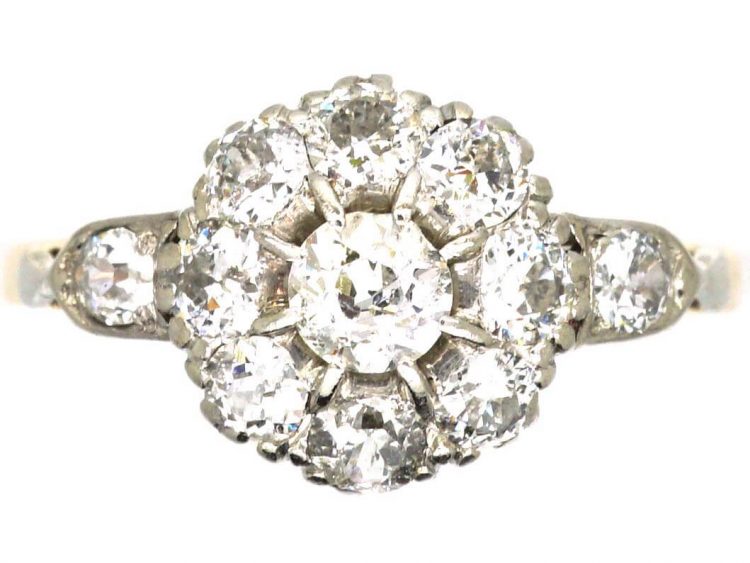 Edwardian 18ct Gold & Platinum Diamond Cluster Ring with Diamond set Shoulders