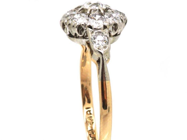 Edwardian 18ct Gold & Platinum Diamond Cluster Ring with Diamond set Shoulders